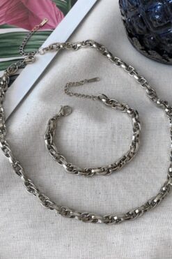 Wholesale Silver Colour Steel Interlocking Rope Unisex Anti Tarnish Necklace And Bracelet Steel Set - 3214