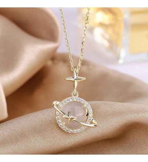Toptan Altın Renk Opal Yıldız Gezegen  Satürn Çelik Kolye - 3419