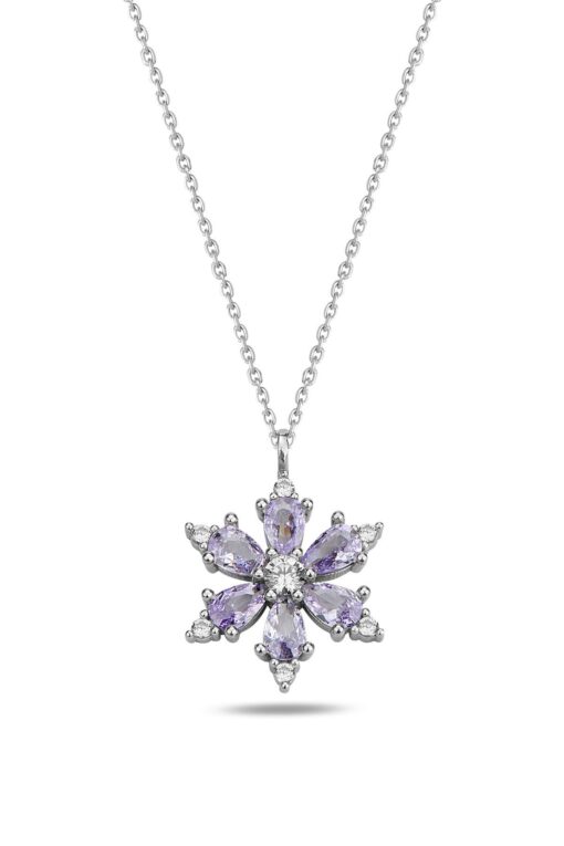 Toptan Gümüş Renk Lila Damla Taşlı Lotus Kamelya Çiçeği Çelik Kolye - 3416 — изображение 3