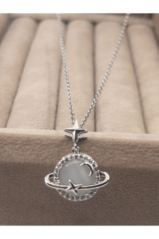 Collier en acier argenté avec opale, étoile, planète, Saturne - 3420