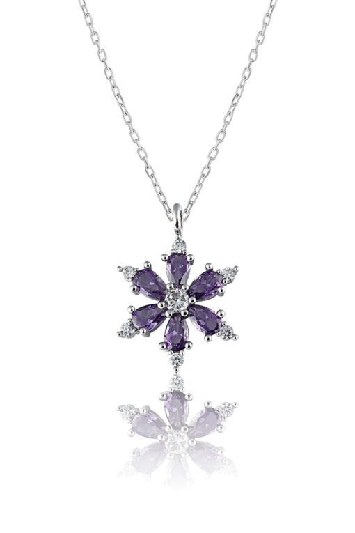 Toptan Gümüş Renk Mor Damla Taşlı Lotus Kamelya Çiçeği Çelik Kolye - 3417 – Image 2