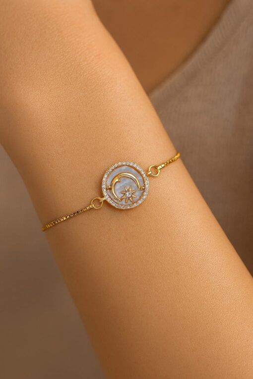 Wholesale Gold Color White Mother of Pearl Crescent Star Elevator Steel Bracelet - 3631