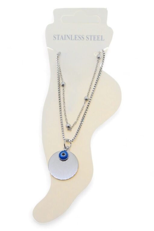 Bracelet de cheville en acier argenté avec gros œil maléfique et paillettes - 3479
