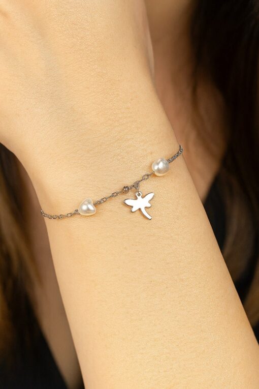 Bracelet en acier argenté avec chaîne en forme de cœur et libellule - 3619