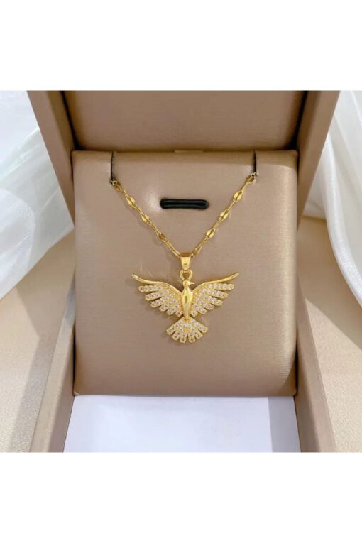 Toptan Altın Renk Singapur Zincir Zirkon Taşlı Anka Kuş Çelik Kolye - 3407