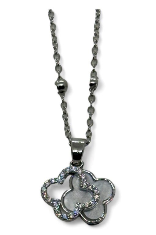 Toptan Gümüş Renk Beyaz Mineli Van Cleef Yonca Model Top Zincir Çelik Kolye-  3814 - Image 3