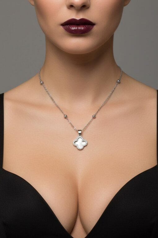 Wholesale Silver Color White Enamel Van Cleef Clover Model Ball Chain Steel Necklace - 3814