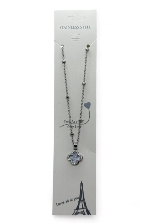 Toptan Gümüş Renk Beyaz Mineli Van Cleef Yonca Model Top Zincir Çelik Kolye-  3814 - Image 5