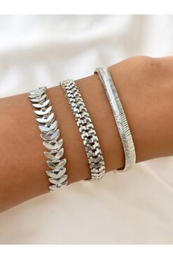 Toptan Gümüş Renk Kadın 3’lü Kombin Bileklik Seti Kılçık İtalyan Tırtıl Kombin Bileklik Seti - 3844 4 e56f1569a1fd4240907c87a60109d789