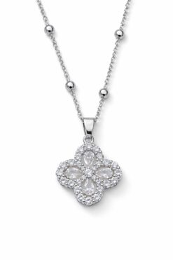 Toptan Gümüş Renk Beyaz Taş Van Cleff Yonca Damla Taşlı Model Top Zincir Çelik Kolye- 3858