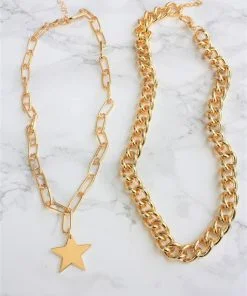 Toptan Gold Kaplama Ikili Kombin Kolye Yıldız Ve Cadena Kolye