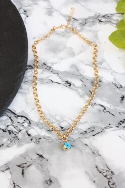 Collier en verre plaqué or avec chaîne épaisse et pendentif mauvais œil