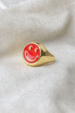 Grossiste Bague ajustable Smiley Face en plaqué or de couleur rouge