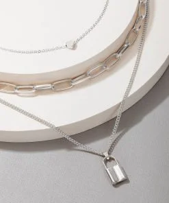 Wholesale Silver Color Lock Layered Necklace Choker Necklace Layered Necklace for Women