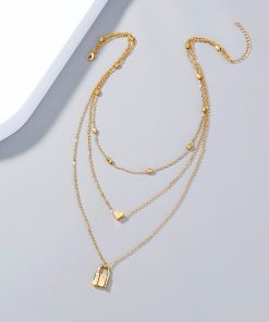 Toptan Altın  Rengi Kilit ve Kalp Charm Katmanlı Kolye