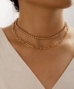 Collier élégant en couches de couleur or en gros, chaîne à billes, collier à chaîne écrasable