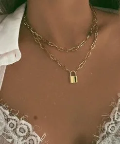 Wholesale Gold Colour Choker Necklace 2 Layers Cute Rectangle Chain Lock Necklace For Women