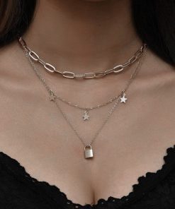 Toptan Moda Takı Gümüş Rengi Gerdanlık Kolye Kadınlar İçin 3 Katlı Yıldız Kilit Ezme Zincir Çok Katlı Kolye