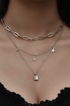 Collier ras du cou argenté à 3 couches pour femme, bijou tendance, chaîne multicouche, fermoir étoile