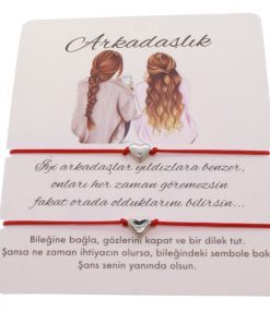 Toptan Gümüş Renk Kırmızı İp Kalp Arkadaş  Bilekliği - 1606