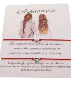Toptan Gümüş Renk Kırmızı İp Kalp Arkadaş  Bilekliği - 1606