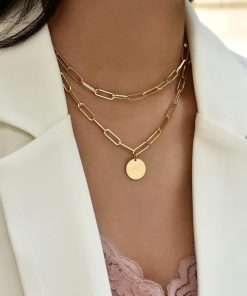 Toptan Altın Renk Dikdörtgen Zincir Yuvarlak Pul Charm Katmanlı Kolye - 2105