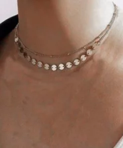 Collier à deux couches de boules et de paillettes de couleur argentée - 2152
