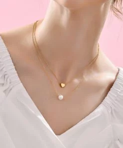 Collier multicouches en perles et cœurs couleur or, vente en gros - 2124