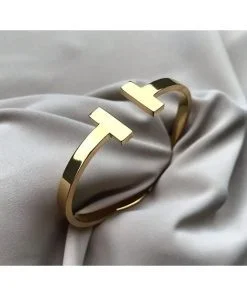 Wholesale Gold Color Tiffany Model T-shaped Patterned Cuff Bracelet - 2116
