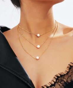 Collier à trois couches de perles de couleur or - 2126