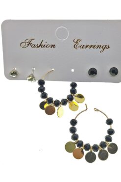 Boucles d'oreilles combinées de couleur or, perles noires, paillettes rondes, pendantes et élégantes, fabriquées à la main - 2221
