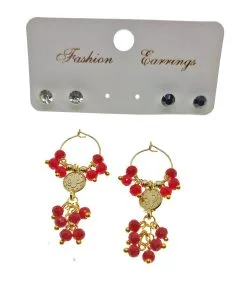 Wholesale Gold Color Red Beads Stylish Dangling Handmade Combination Earrings - 2225