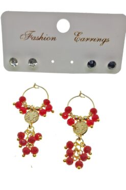 Boucles d'oreilles pendantes élégantes faites à la main avec perles rouges couleur or - 2225