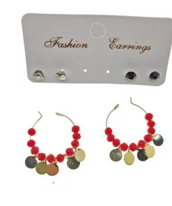 Wholesale Gold Color Red Beads Round Sequin Stylish Dangle Handcrafted Combination Earrings - 2220