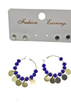 Boucles d'oreilles combinées de couleur or et bleu avec perles rondes et paillettes - 2223