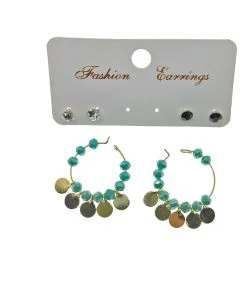 Boucles d'oreilles combinées en gros avec perles turquoises, paillettes rondes et pendantes, faites à la main - 2219