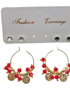 Boucles d'oreilles pendantes élégantes faites à la main avec perles rouges couleur or - 2244