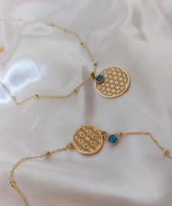 Wholesale Gold Color Tree of Life Flower Evil Eye Set Necklace and Bracelet Set - 2278