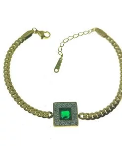 Wholesale Gold Color Square Green Stone Steel Bracelet - 2626