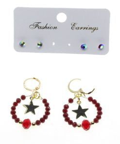 Wholesale Gold Color Round Star Combination Burgundy Bead Earrings - 2868