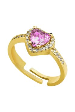 Wholesale Gold Colour Pink Stone Heart Shape Lovely Zircon Pandora Ring Adjustable Fits Any Finger - 2980