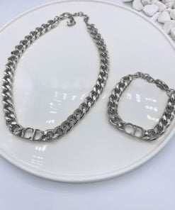 Wholesale Silver Color Combination CD Letter Christian Dior Model Thick Chain Necklace Bracelet Set - 3009