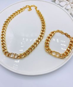 Toptan Altın Renk Kombin  Cd Harfli Christian Dior Model Kalın Zincir Kolye Bileklik Set  - 3008