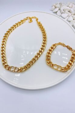Großhandel Goldfarbenkombination CD-Buchstabe Christian Dior Modell Dicke Kette Halskette Armband Set - 3008