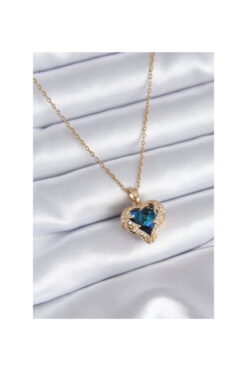 Wholesale Gold Color SF Chain Blue Heart Planet Vip Non-Fading Tarnish Steel Necklace - 3045