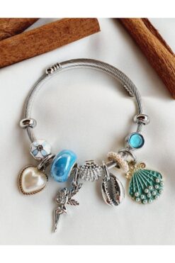 Bracelet Pandora en acier inoxydable avec breloque coquillage bleu argenté - 3184