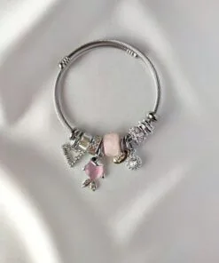 سوار باندورا الفولاذي بتصميم سمكة وردية اللون فضي اللون للبيع بالجملة - 3158