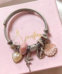 Toptan Gümüş Renk Pembe Deniz Kabuğu Charmlı Pandora Çelik Bileklik -  3159