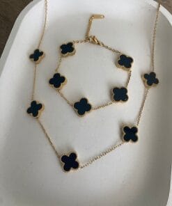 Toptan Altın Renk Siyah Sedef Van Cleef Kolye Bileklik Set (çift Yönlüdür) - 3165