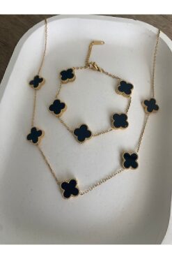 Großhandel Goldfarbenes schwarzes Perlmutt-Van-Cleef-Halsketten-Armband-Set (doppelseitig) – 3165
